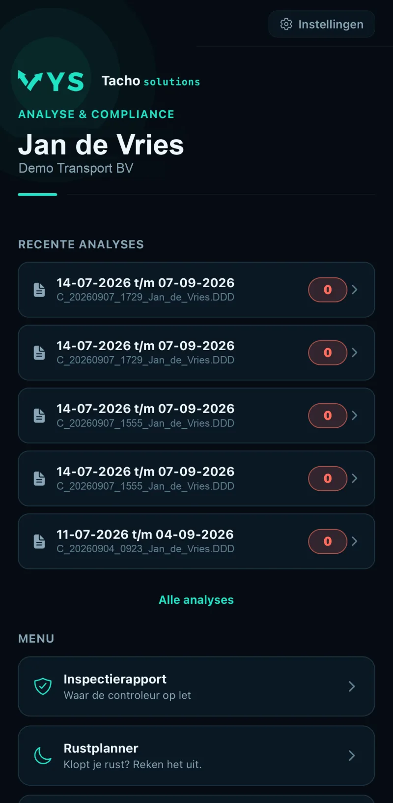 Startscherm van de app met de recente analyses van de chauffeur