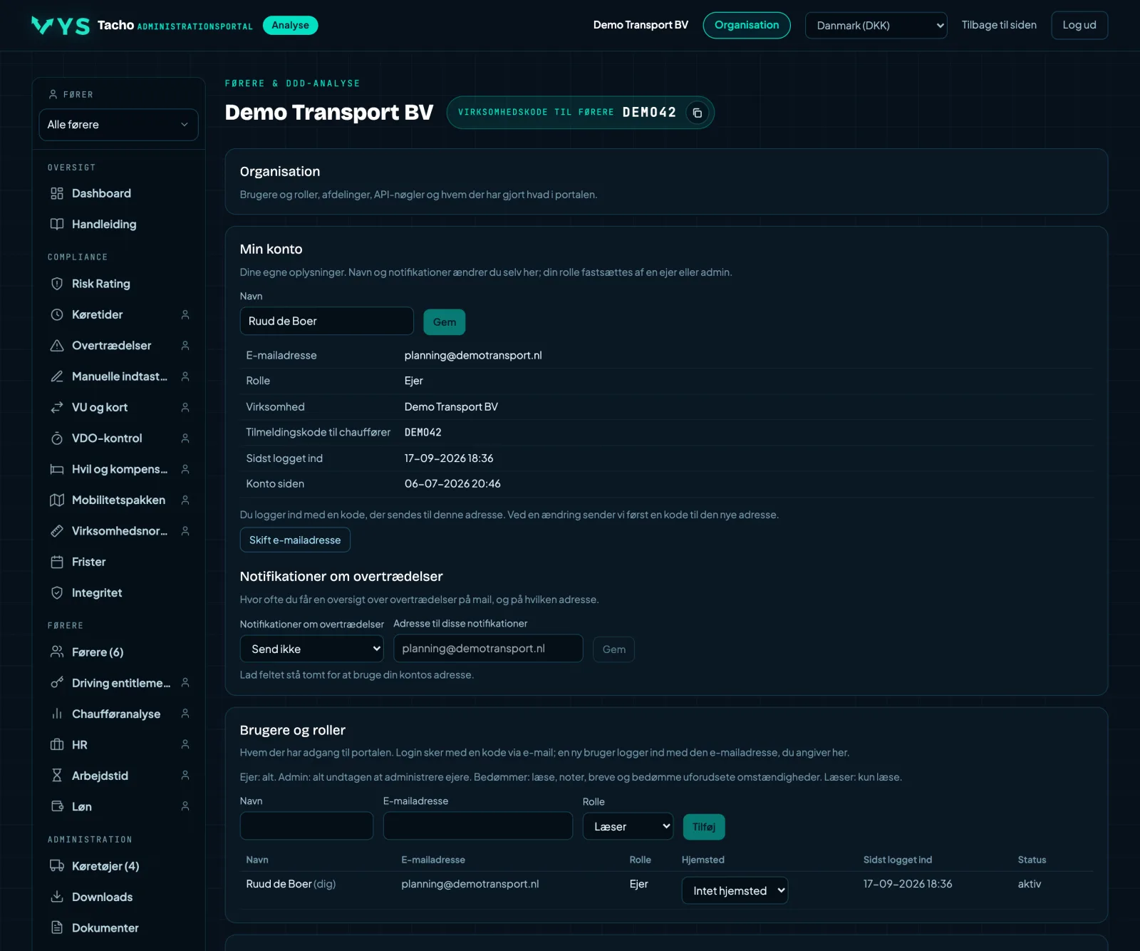 Analyseportal VYS Tacho: Roller, afdelinger, undtagelser og opbevaringsperiode