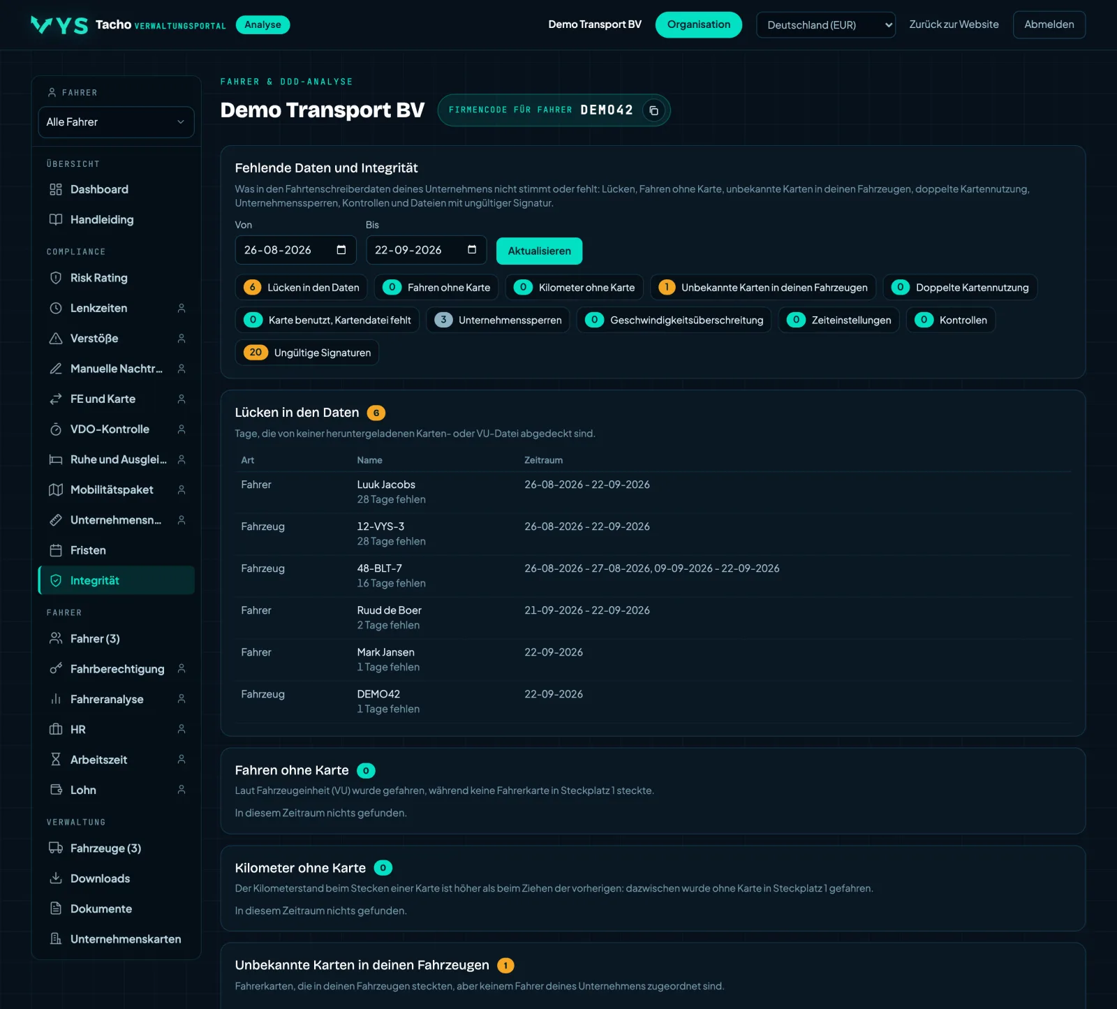 Analyseportal VYS Tacho: Was fehlt und deshalb nirgendwo sonst zu sehen ist