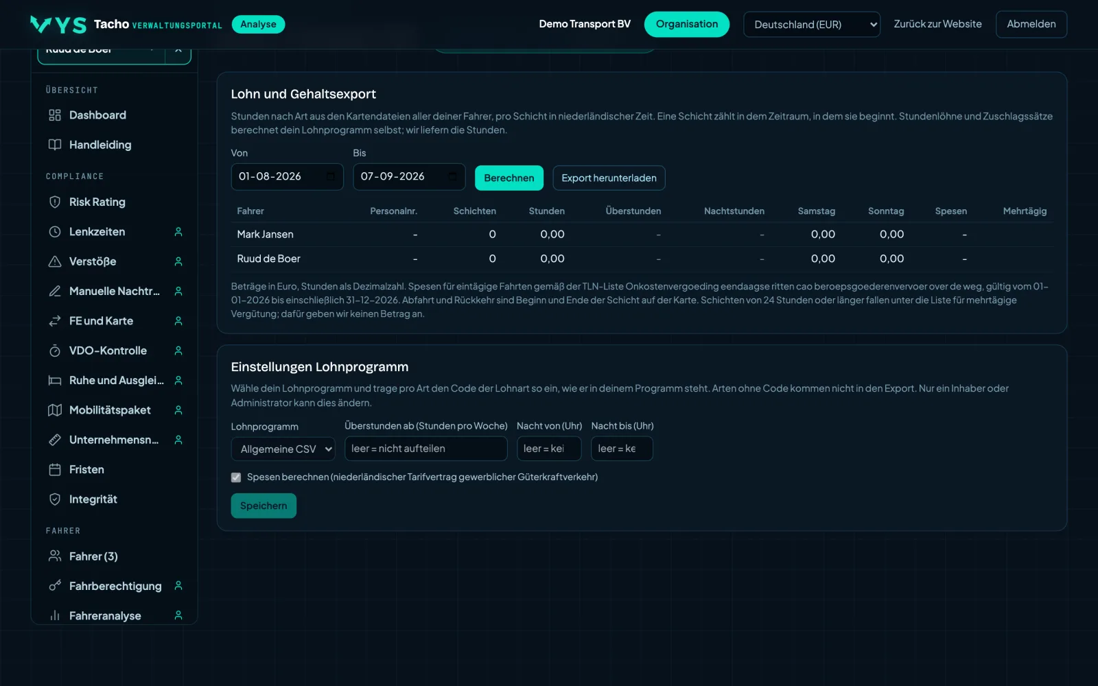 Analyseportal VYS Tacho: Stunden an die Lohnabrechnung