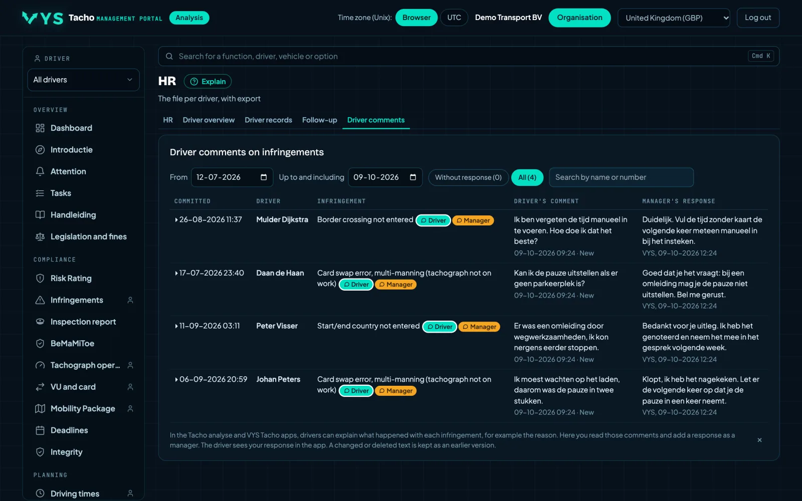 VYS Tacho analysis portal: Driver comments: the story behind an infringement