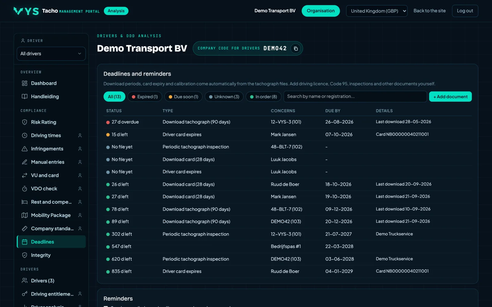 VYS Tacho analysis portal: Download deadlines, cards, calibration and documents