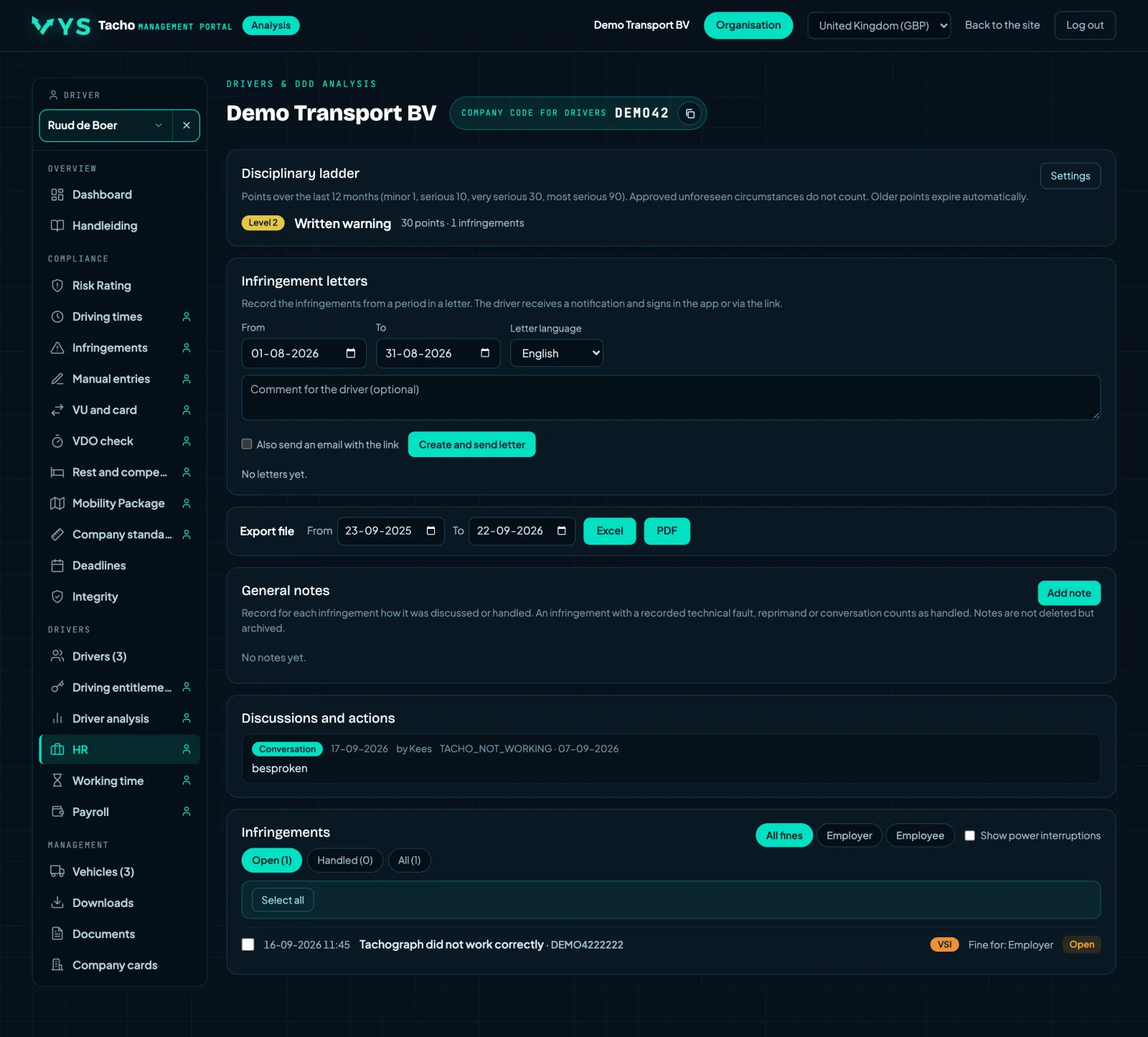 VYS Tacho analysis portal: From infringement to conversation, and to the file