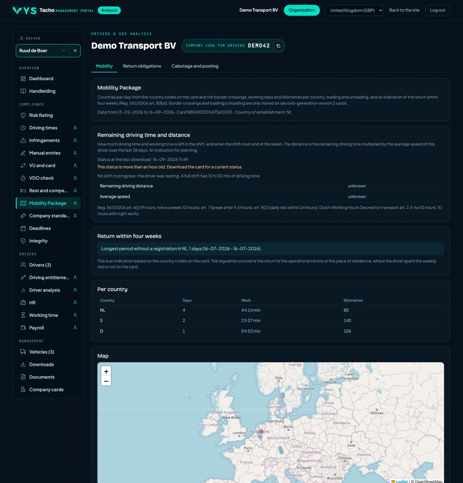 VYS Tacho analysis portal: Where has the driver been