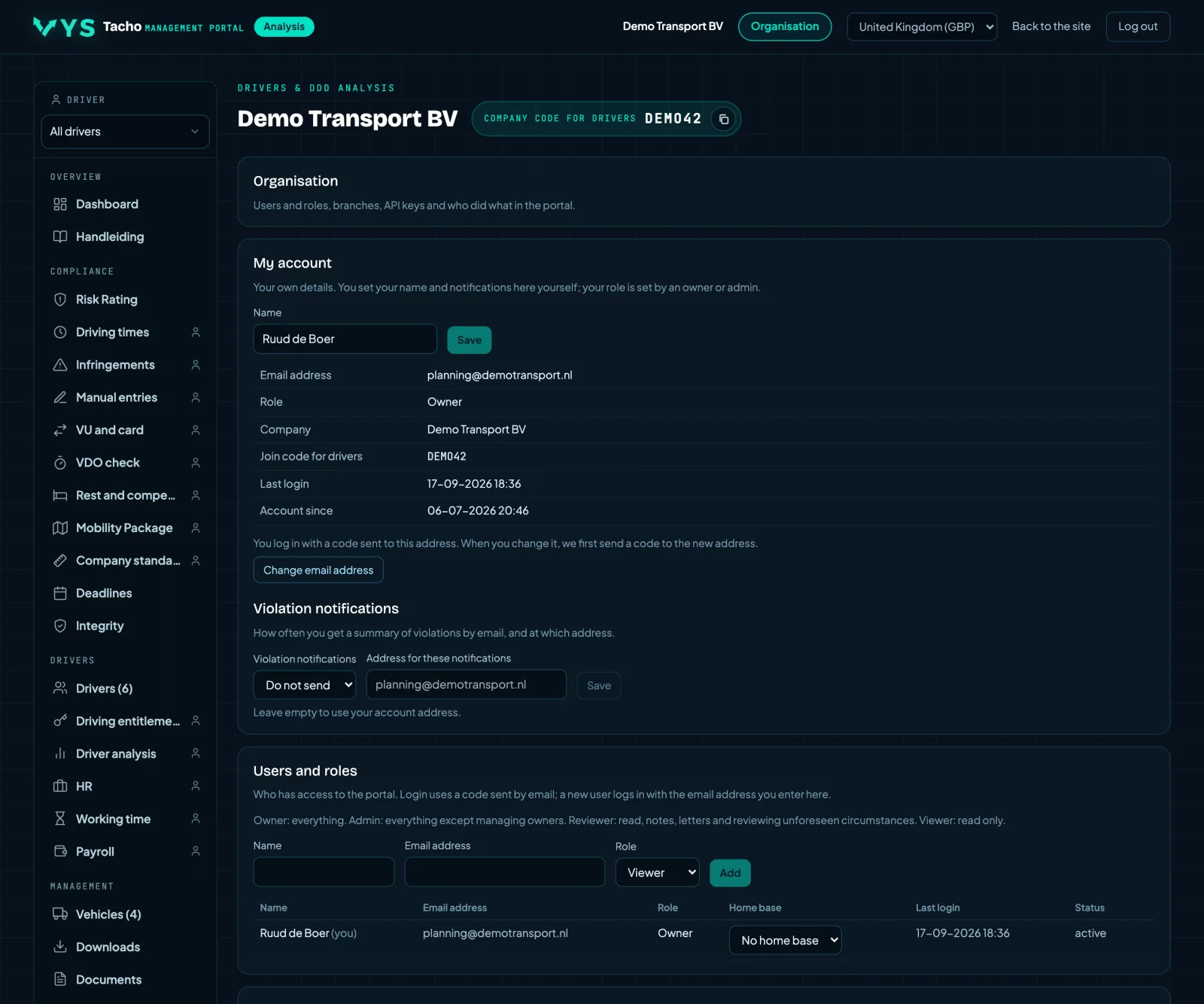 VYS Tacho analysis portal: Roles, depots, exemptions and retention period