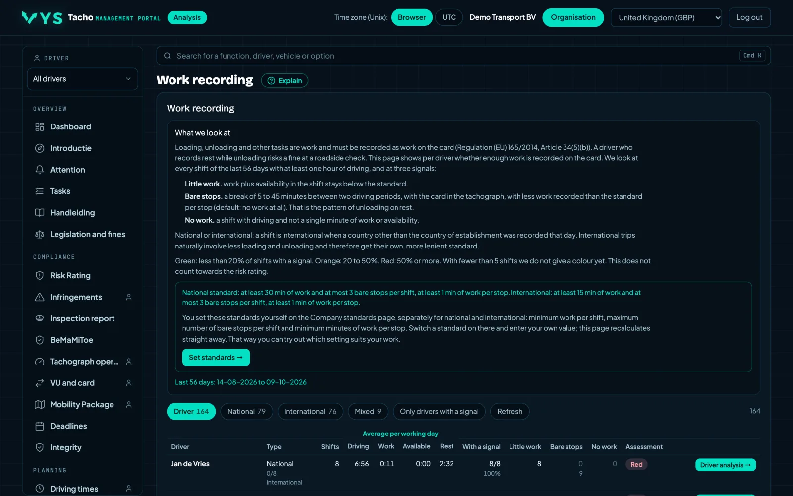 VYS Tacho analysis portal: Work recording: is the work on the card?