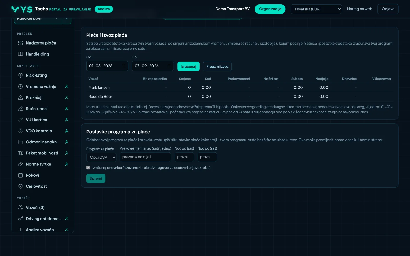 Analitički portal VYS Tacho: Sati za obračun plaća