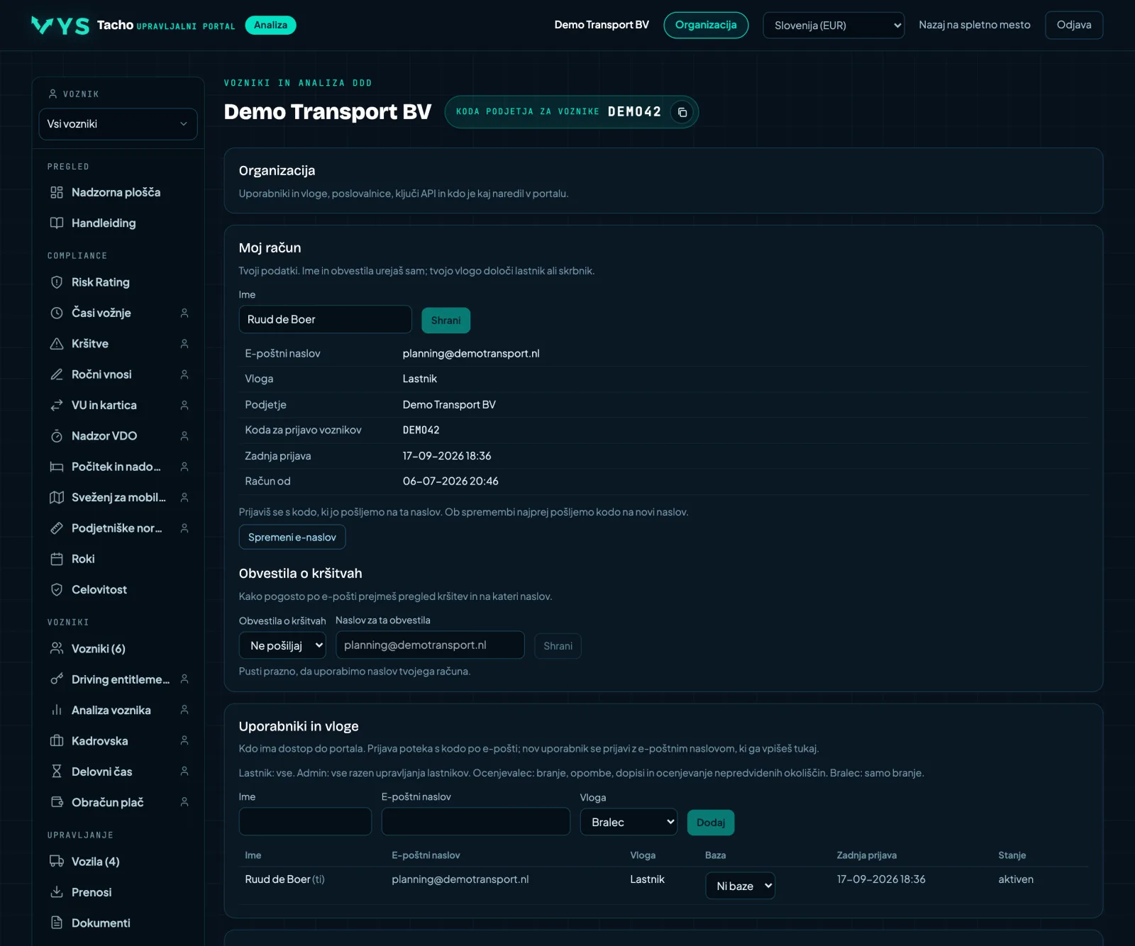 Portal za analizo VYS Tacho: Vloge, poslovne enote, izjeme in rok hrambe