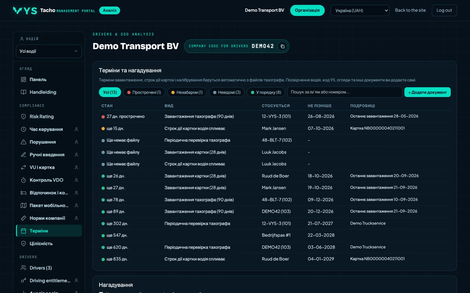 Аналітичний портал VYS Tacho: Строки завантаження, картки, калібрування і документи